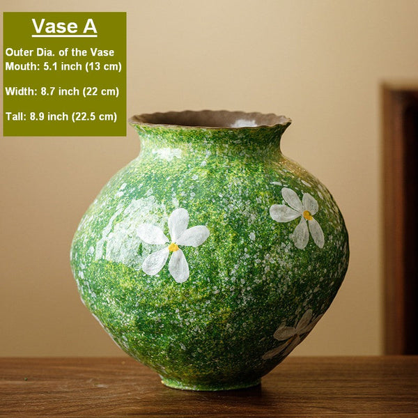 Modern Pottery Flower Vases, Centerpiece on Dining Table, Handmade Water Holding Flower Vases, Pottery Bud Vases, Large Green Flower Vases on Table-LargePaintingArt.com