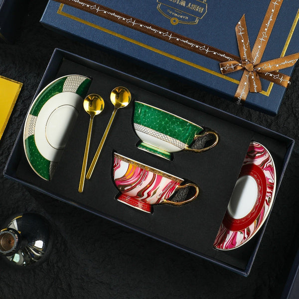 Ceramic Coffee Cup with Saucer Set of 2 Cups, Beautiful British Tea Cup and Saucer, Creative Porcelain Tea Cup Saucer Set, 6.8 oz Tea Cup and Saucer in Gift Box-LargePaintingArt.com