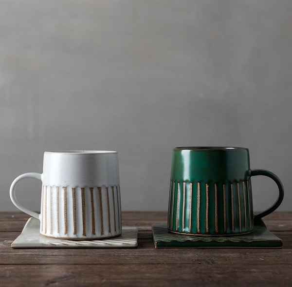 Coffee Cup and Saucer Set, Latte Coffee Cup, 10 oz Cappuccino Coffee Mug, Large Coffee Cup, Pottery Coffee Cups-LargePaintingArt.com