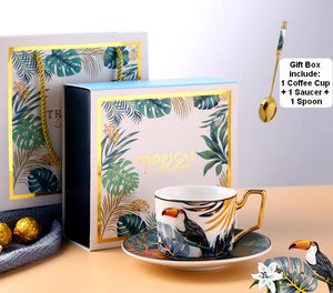 Elegant Tea Cups and Saucers, Jungle Toucan Pattern Porcelain Coffee Cups, Coffee Cups with Gold Trim and Gift Box-LargePaintingArt.com