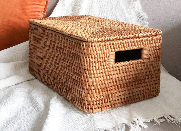Square Storage Basket with Lid, Extra Large Storage Baskets for Clothes, Rattan Storage Basket for Shelves, Oversized Storage Baskets for Kitchen-LargePaintingArt.com