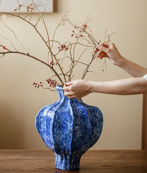 Handmade Water Holding Flower Vases, Centerpiece on Dining Table, Blue Ceramic Bud Vases, Tall Flower Vases on Table, Modern Pottery Flower Vases-LargePaintingArt.com