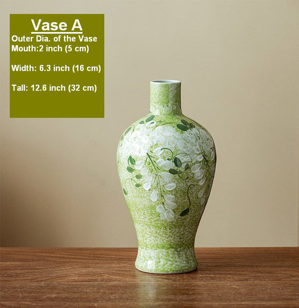 Centerpiece Ceramic Bud Vases, Large Flower Vases on Table, Green Porcelain Flower Vases, Handmade Water Holding Flower Vase-LargePaintingArt.com