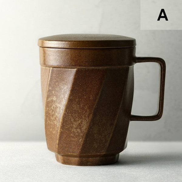 Large Modern Handmade Pottery Coffee Cup, Creative Brown Green Blue Black Ceramic Coffee Mugs, Large Unique Tea Cup, Large Capacity Coffee Mug with Cover-LargePaintingArt.com