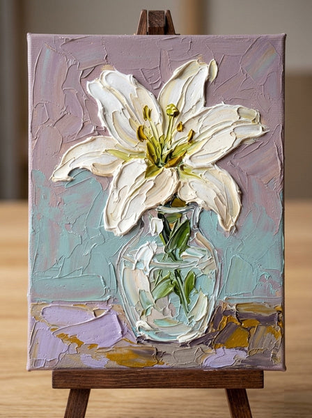 Hand Painted Canvas Art, Original Flower Paintings, Impasto Lily in Glass Vase, Original Oil Paintings, Small Canvas Artwork, Impasto Canvas Artwork