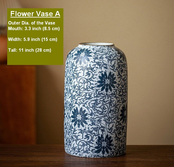 Centerpiece on Dining Table, Large Blue Flower Vase on Table, Vintage Bouquet Flower Vases, Handmade Porcelain Flower Vases Urn, Water Holding Flower Vases-LargePaintingArt.com