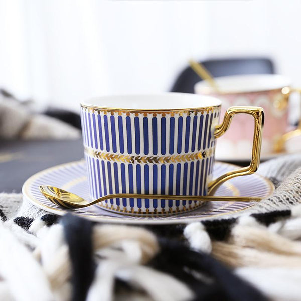 Latte Coffee Cups with Gold Trim and Gift Box, British Tea Cups, Elegant Porcelain Coffee Cups, Tea Cup and Saucer-LargePaintingArt.com