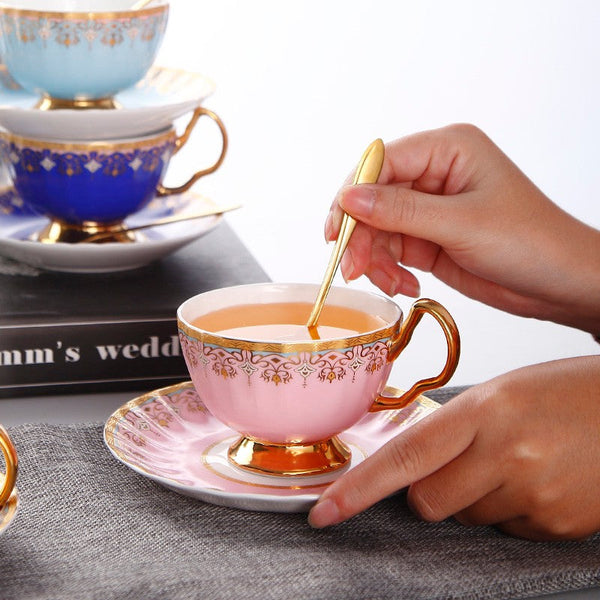 Pink Blue White Bone China Porcelain Tea Cup Set, Unique British Tea Cup and Saucer in Gift Box, Elegant British Ceramic Coffee Cups for Afternoon Tea-LargePaintingArt.com