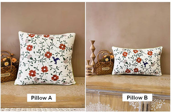 Bird Spring Flower Decorative Throw Pillows, Farmhouse Sofa Decorative Pillows, Embroider Flower Cotton Pillow Covers, Flower Decorative Throw Pillows for Couch-LargePaintingArt.com