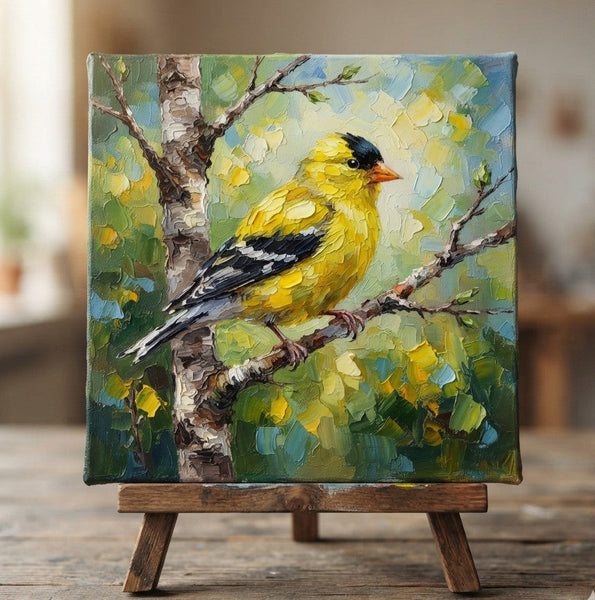 Small Art on Canvas, American Goldfinch Bird Painting, Hand Painted Canvas Art, Heavy Texture Painting, Miniature Wall Art, Original Oil Paintings