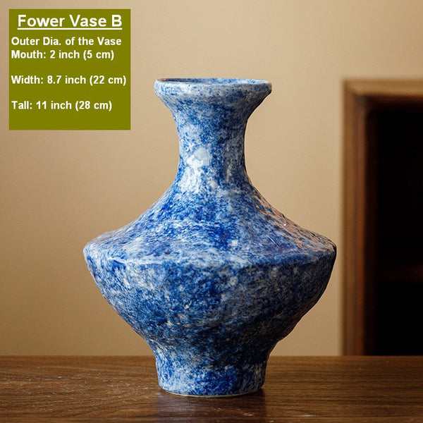 Handmade Water Holding Flower Vases, Centerpiece on Dining Table, Blue Pottery Bud Vases, Large Flower Vases on Table, Modern Pottery Flower Vases-LargePaintingArt.com