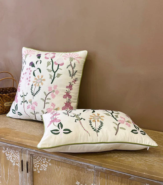 Embroider Flower Cotton Pillow Covers, Spring Flower Decorative Throw Pillows, Farmhouse Sofa Decorative Pillows, Flower Decorative Throw Pillows for Couch-LargePaintingArt.com