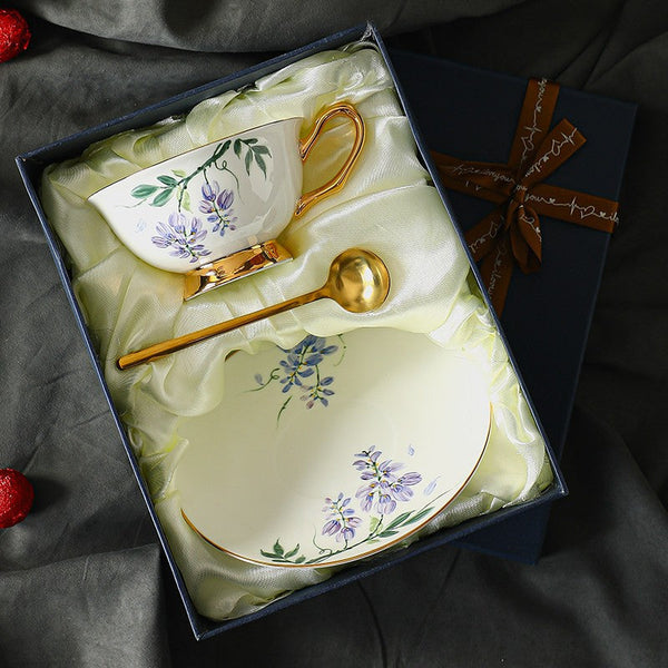 Elegant Ceramic Coffee Cup and Saucer, 7.4 oz Floral Porcelain Tea Cup and Saucer Set, Flower Porcelain Cup and Saucer Set, Beautiful British Flower Tea Cups-LargePaintingArt.com