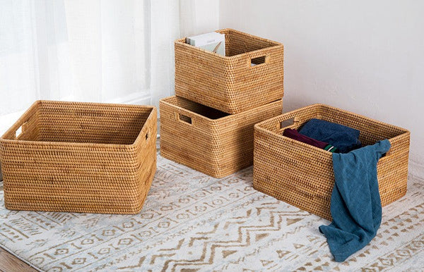 Rattan Storage Baskets for Kitchen, Rectangular Storage Baskets for Pantry, Storage Baskets for Shelves, Woven Storage Baskets for Bathroom-LargePaintingArt.com