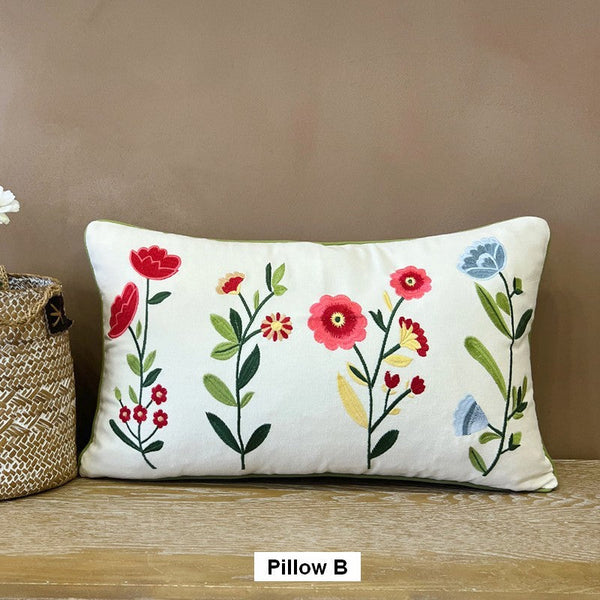 Throw Pillows for Couch, Spring Flower Decorative Throw Pillows, Farmhouse Sofa Decorative Pillows, Embroider Flower Cotton Pillow Covers-LargePaintingArt.com