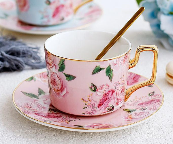 Blue Coffee Cups with Gold Trim and Gift Box, British Tea Cups, Porcelain Coffee Cups, Rose Flower Tea Cups and Saucers, Latte Coffee Cups-LargePaintingArt.com