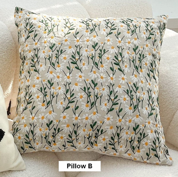 Farmhouse Decorative Pillows for Sofa, Embroider Flower Cotton Pillow Covers, Spring Flower Decorative Pillows for Bedroom, Decorative Pillows for Couch-LargePaintingArt.com