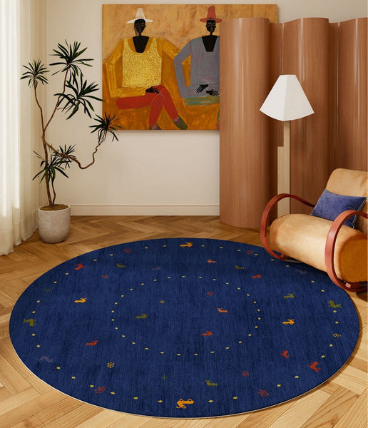 Blue Circular Modern Rugs for Bathroom, Geometric Modern Rug Ideas for Living Room, Modern Rugs for Children's Room, Abstract Contemporary Round Rugs for Dining Room-LargePaintingArt.com