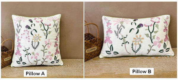 Embroider Flower Cotton Pillow Covers, Spring Flower Decorative Throw Pillows, Farmhouse Sofa Decorative Pillows, Flower Decorative Throw Pillows for Couch-LargePaintingArt.com