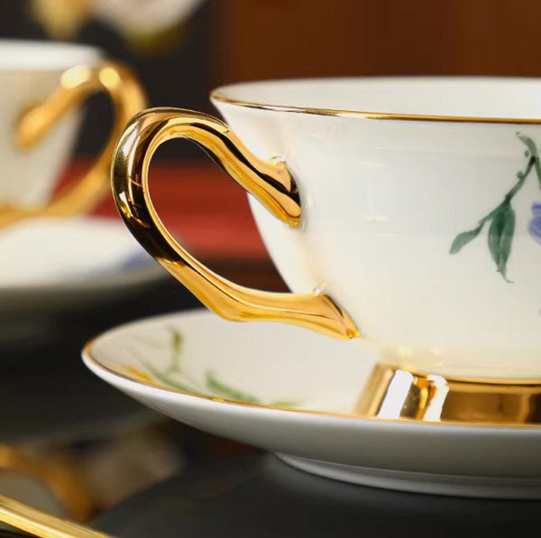 Elegant Ceramic Coffee Cup and Saucer, 7.4 oz Floral Porcelain Tea Cup and Saucer Set, Flower Porcelain Cup and Saucer Set, Beautiful British Flower Tea Cups-LargePaintingArt.com