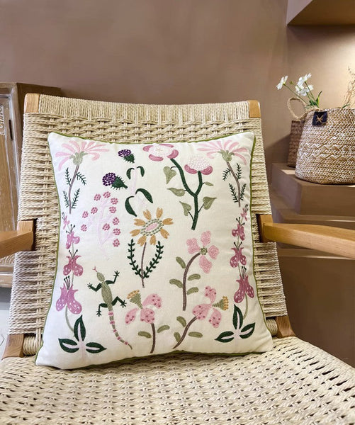Embroider Flower Cotton Pillow Covers, Spring Flower Decorative Throw Pillows, Farmhouse Sofa Decorative Pillows, Flower Decorative Throw Pillows for Couch-LargePaintingArt.com