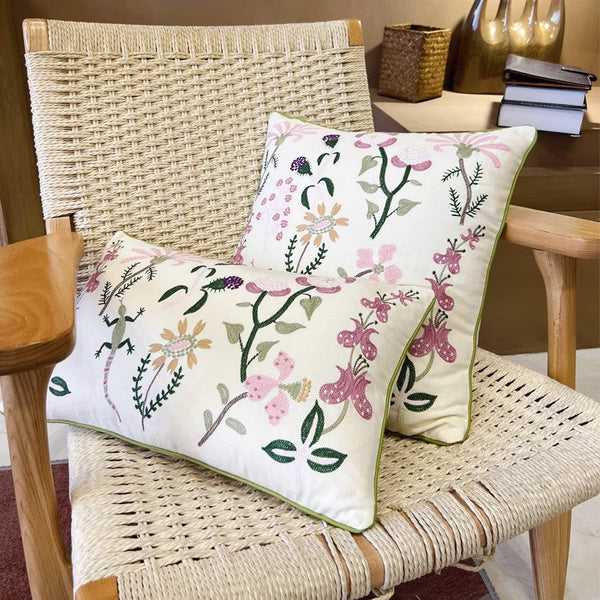 Embroider Flower Cotton Pillow Covers, Spring Flower Decorative Throw Pillows, Farmhouse Sofa Decorative Pillows, Flower Decorative Throw Pillows for Couch-LargePaintingArt.com