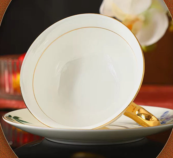 Ceramic Coffee Cup and Saucer, Flower Porcelain Cup and Saucer Set, 7.4 oz British Flower Tea Cups, Floral Porcelain Tea Cup and Saucer Set-LargePaintingArt.com