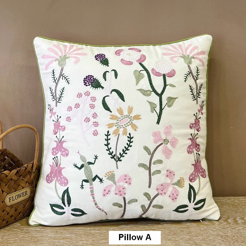 Embroider Flower Cotton Pillow Covers, Spring Flower Decorative Throw Pillows, Farmhouse Sofa Decorative Pillows, Flower Decorative Throw Pillows for Couch-LargePaintingArt.com