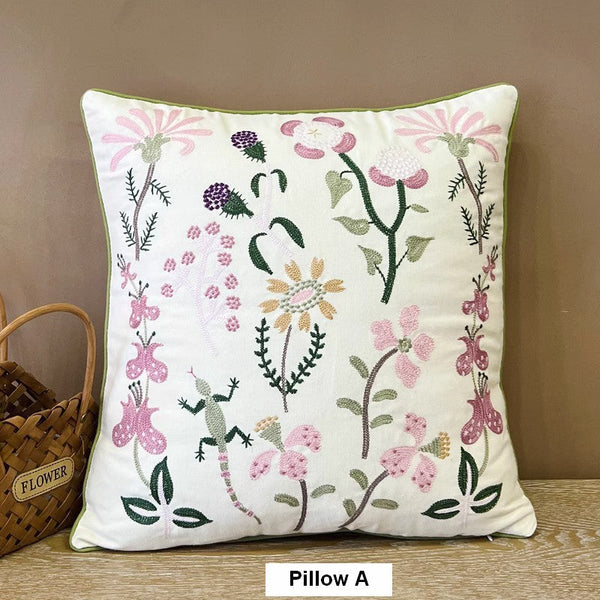 Embroider Flower Cotton Pillow Covers, Spring Flower Decorative Throw Pillows, Farmhouse Sofa Decorative Pillows, Flower Decorative Throw Pillows for Couch-LargePaintingArt.com