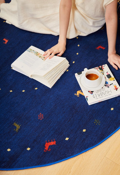 Blue Circular Modern Rugs for Bathroom, Geometric Modern Rug Ideas for Living Room, Modern Rugs for Children's Room, Abstract Contemporary Round Rugs for Dining Room-LargePaintingArt.com