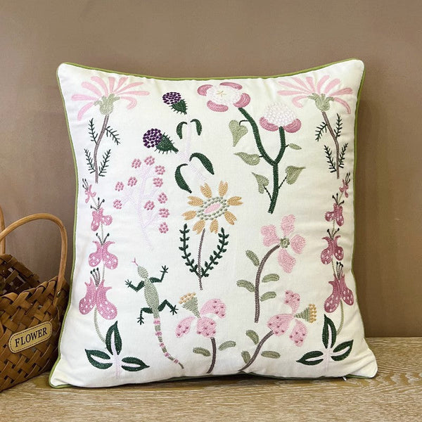 Embroider Flower Cotton Pillow Covers, Spring Flower Decorative Throw Pillows, Farmhouse Sofa Decorative Pillows, Flower Decorative Throw Pillows for Couch-LargePaintingArt.com
