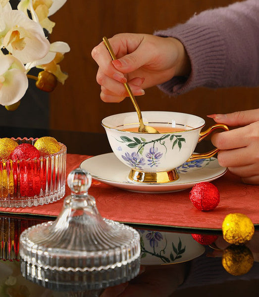 Elegant Ceramic Coffee Cup and Saucer, 7.4 oz Floral Porcelain Tea Cup and Saucer Set, Flower Porcelain Cup and Saucer Set, Beautiful British Flower Tea Cups-LargePaintingArt.com