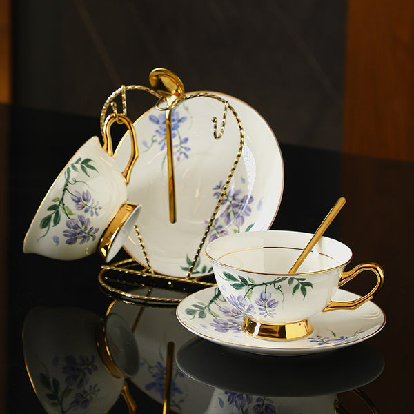 Ceramic Coffee Cup and Saucer, Flower Porcelain Cup and Saucer Set, 7.4 oz British Flower Tea Cups, Floral Porcelain Tea Cup and Saucer Set-LargePaintingArt.com