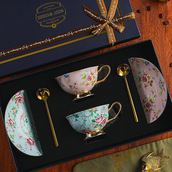 Creative Porcelain Tea Cup Saucer Set of 2 Cups, 6.8 oz Tea Cup and Saucer in Gift Box, Floral Ceramic Coffee Cup with Saucer, Beautiful British Tea Cup and Saucer-LargePaintingArt.com