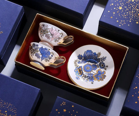 Afternoon British Tea Cups, Unique Iris Flower Tea Cups and Saucers in Gift Box, Elegant Ceramic Coffee Cups, Royal Bone China Porcelain Tea Cup Set-LargePaintingArt.com