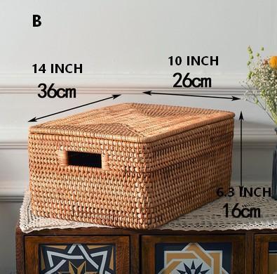 Rectangular Storage Basket with Lid, Rattan Storage Baskets for Clothes, Kitchen Storage Baskets, Oversized Storage Baskets for Living Room-LargePaintingArt.com