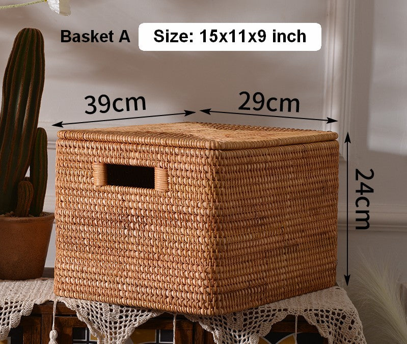Wicker Storage Baskets for Bathroom, Rattan Rectangular Storage Basket with Lid, Extra Large Storage Baskets for Clothes, Storage Baskets for Bedroom-LargePaintingArt.com
