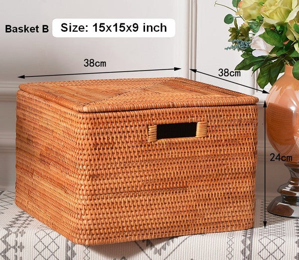 Wicker Storage Baskets for Bathroom, Rattan Rectangular Storage Basket with Lid, Extra Large Storage Baskets for Clothes, Storage Baskets for Bedroom-LargePaintingArt.com
