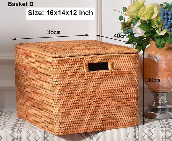 Rattan Storage Basket for Shelves, Rectangular Storage Basket with Lid, Extra Large Storage Baskets for Bedroom, Storage Baskets for Clothes-LargePaintingArt.com