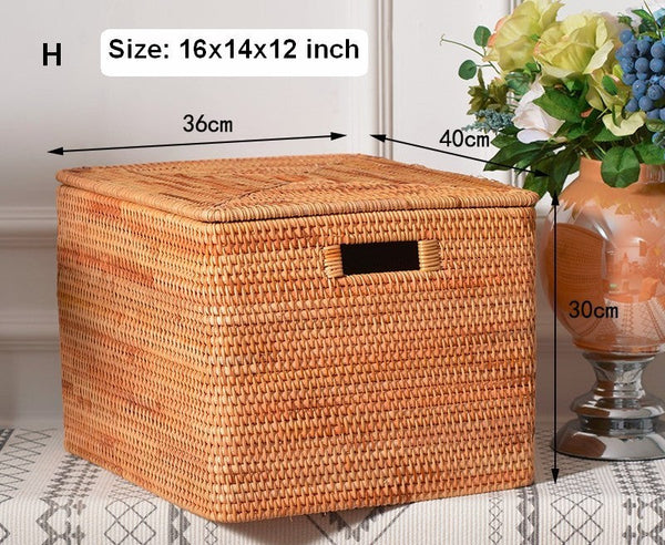 Rectangular Storage Basket with Lid, Rattan Storage Baskets for Clothes, Kitchen Storage Baskets, Oversized Storage Baskets for Living Room-LargePaintingArt.com