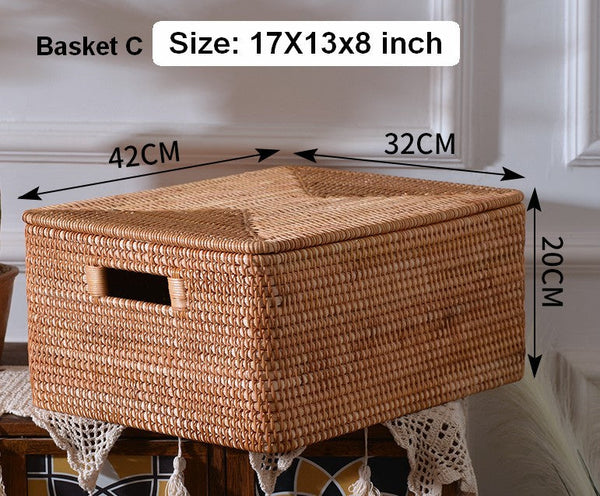 Wicker Storage Baskets for Bathroom, Rattan Rectangular Storage Basket with Lid, Extra Large Storage Baskets for Clothes, Storage Baskets for Bedroom-LargePaintingArt.com