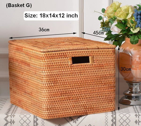 Rectangular Storage Basket with Lid, Rattan Storage Baskets for Shelves, Kitchen Storage Baskets, Storage Baskets for Clothes, Laundry Woven Baskets-LargePaintingArt.com