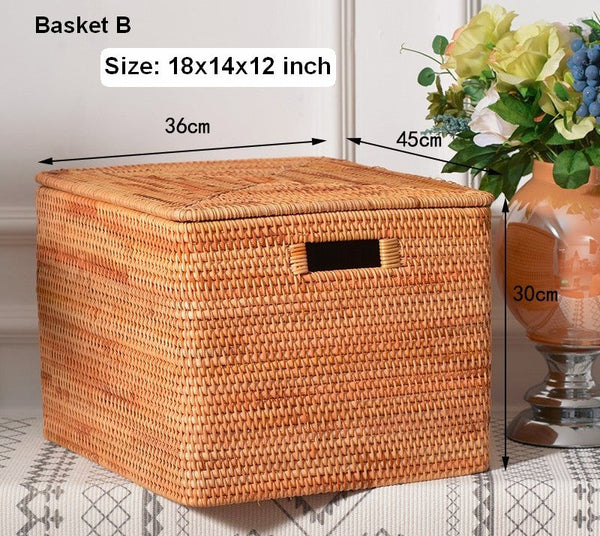 Large Rectangular Storage Basket with Lid, Rattan Storage Case, Storage Baskets for Bedroom, Rectangular Woven Storage Baskets for Clothes-LargePaintingArt.com