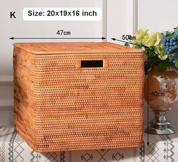 Rectangular Storage Basket with Lid, Rattan Storage Baskets for Clothes, Kitchen Storage Baskets, Oversized Storage Baskets for Living Room-LargePaintingArt.com