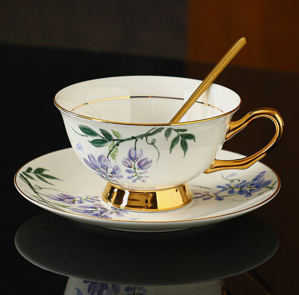 Ceramic Coffee Cup and Saucer, Flower Porcelain Cup and Saucer Set, 7.4 oz British Flower Tea Cups, Floral Porcelain Tea Cup and Saucer Set-LargePaintingArt.com