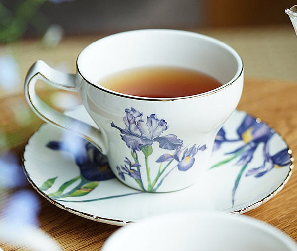 Beautiful Porcelain Tea Cup Saucer Set, Iris Flower British Tea Cups, Traditional English Tea Cup and Saucer, Unique Ceramic Coffee Cups in Gift Box-LargePaintingArt.com