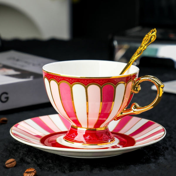 Unique Tea Cup and Saucer in Gift Box as Birthday Gift, Beautiful British Tea Cup with Saucer, 8 Ounce Porcelain Tea Cup Saucer Set of 2 Cups, Elegant Ceramic Coffee Cups-LargePaintingArt.com