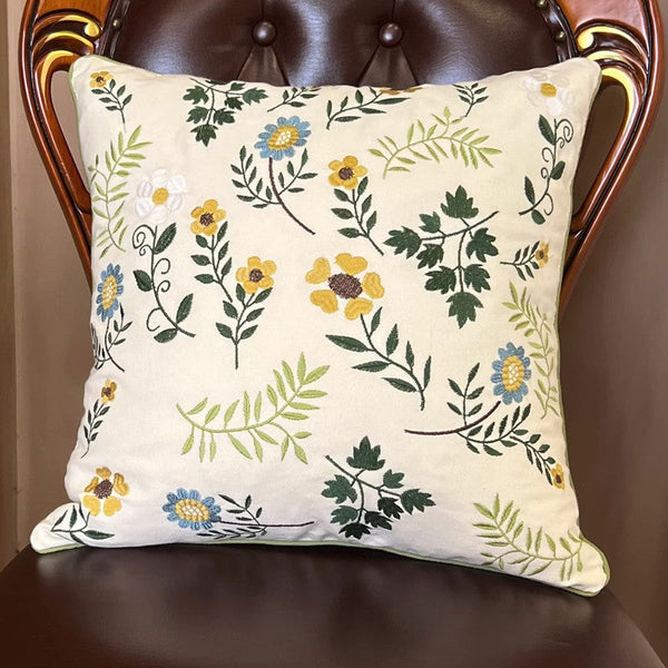 Farmhouse Decorative Throw Pillows, Spring Flower Sofa Decorative Pillows, Embroider Flower Cotton Pillow Covers, Flower Decorative Throw Pillows for Couch-LargePaintingArt.com
