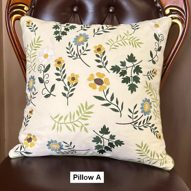 Farmhouse Decorative Throw Pillows, Spring Flower Sofa Decorative Pillows, Embroider Flower Cotton Pillow Covers, Flower Decorative Throw Pillows for Couch-LargePaintingArt.com