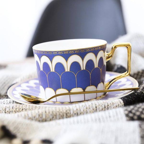 Latte Coffee Cups with Gold Trim and Gift Box, British Tea Cups, Elegant Porcelain Coffee Cups, Tea Cup and Saucer-LargePaintingArt.com